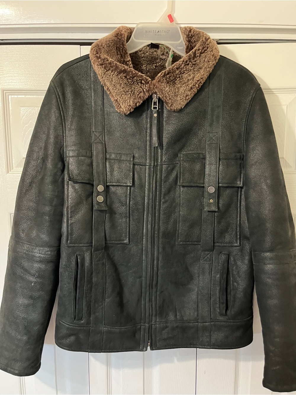 PASHA VENETO black suede leather brown shearling coat bomber jacket Sz Large